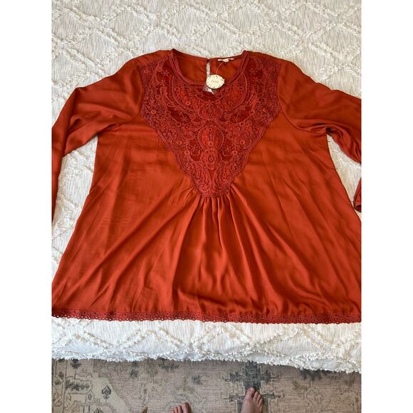 Oddy Crochet Detailed Loose-Fit Blouse Burnt Orange Boho Shift Top Plus Size 3x - Picture 3 of 8